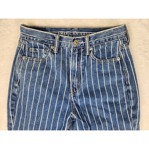 American Eagle Mom Jeans Womens 00 Blue White STRIPED Denim HIGH RISE 24 X 27 - Picture 2 of 16